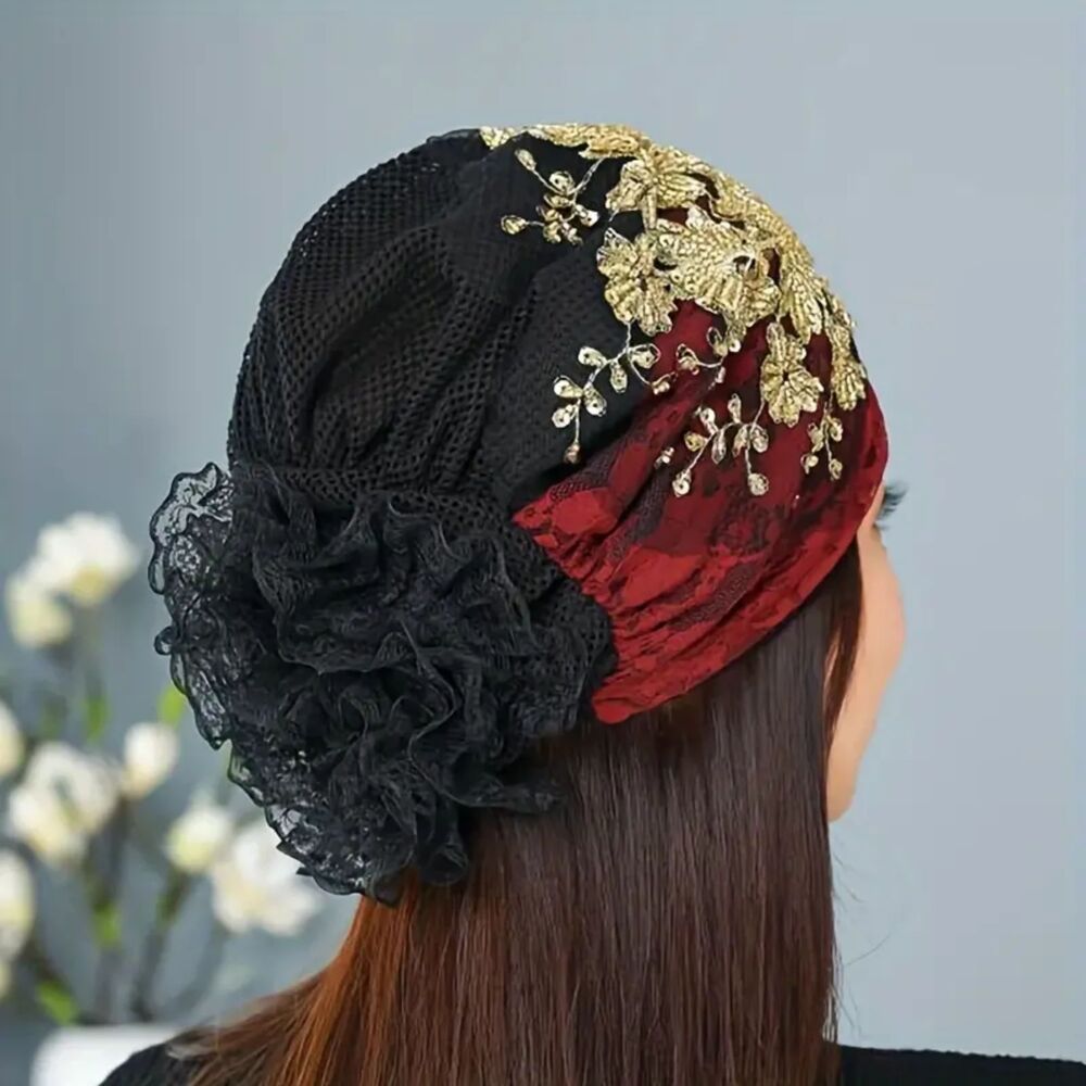 Red Beanie with Golden Beads Breathable Head Wrap and Chemo Cap Women & Girls - Picture 2 of 15